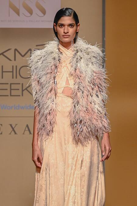 Shop_Not So Serious By Pallavi Mohan_Pink Gown Viscose Jacquard And Crepe Floret With Boa Jacket _Online_at_Aza_Fashions