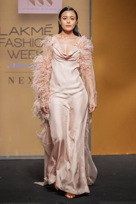 Shop Not So Serious By Pallavi Mohan Pink Gown Satin Twill Embroidered Bugle Beads Glaze Draped With Cape at Aza Fashions Shop_Not So Serious By Pallavi Mohan_Pink Gown Satin Twill Embroidered Bugle Beads Glaze Draped With Cape _at_Aza_Fashions