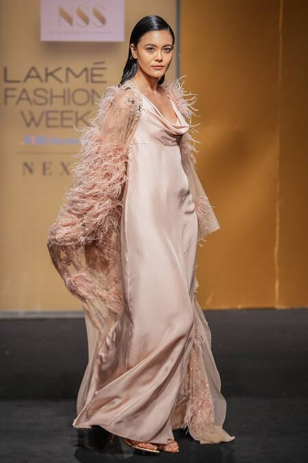 Not So Serious By Pallavi Mohan Pink Gown Satin Twill Embroidered Bugle Beads Glaze Draped With Cape Online at Aza Fashions Not So Serious By Pallavi Mohan_Pink Gown Satin Twill Embroidered Bugle Beads Glaze Draped With Cape _Online_at_Aza_Fashions