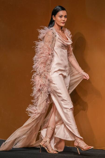 Buy Not So Serious By Pallavi Mohan Pink Gown Satin Twill Embroidered Bugle Beads Glaze Draped With Cape Online at Aza Fashions Buy_Not So Serious By Pallavi Mohan_Pink Gown Satin Twill Embroidered Bugle Beads Glaze Draped With Cape _Online_at_Aza_Fashions