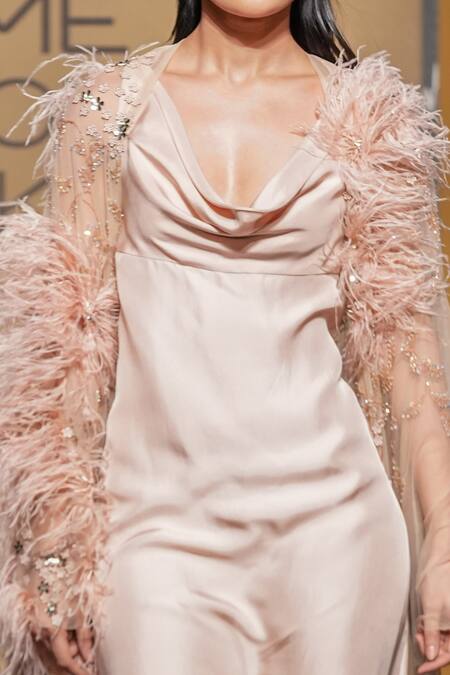 Shop Not So Serious By Pallavi Mohan Pink Gown Satin Twill Embroidered Bugle Beads Glaze Draped With Cape Online at Aza Fashions Shop_Not So Serious By Pallavi Mohan_Pink Gown Satin Twill Embroidered Bugle Beads Glaze Draped With Cape _Online_at_Aza_Fashions