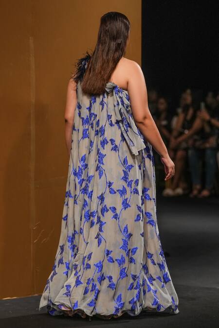 Shop Not So Serious By Pallavi Mohan Green Viscose Jacquard And Crepe Embroidered Feather Trims One Gown at Aza Fashions Shop_Not So Serious By Pallavi Mohan_Green Viscose Jacquard And Crepe Embroidered Feather Trims One Gown _at_Aza_Fashions