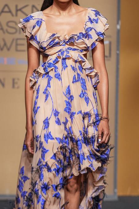 Shop_Not So Serious By Pallavi Mohan_Pink Viscose Jacquard And Crepe Embroidered Winsome Asymmetric Dress  _Online_at_Aza_Fashions