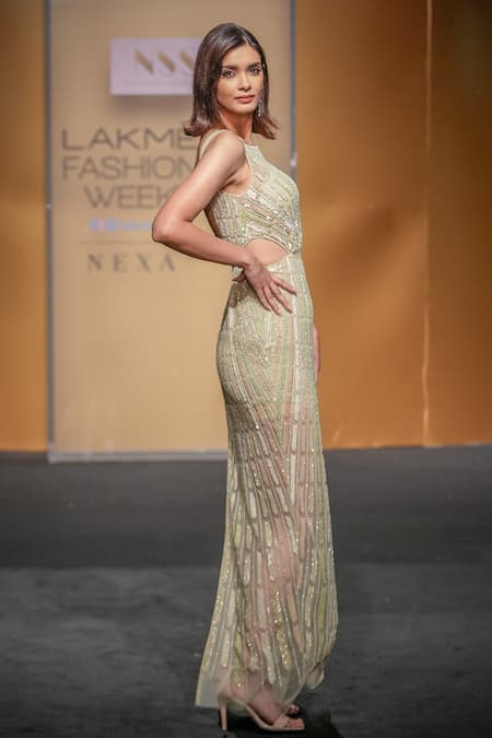 Not So Serious By Pallavi Mohan_Green Tulle Embroidery Bead Boat Neck Diana Gown  _Online_at_Aza_Fashions