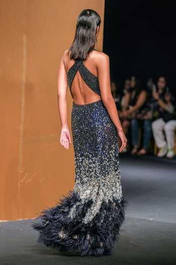Shop Not So Serious By Pallavi Mohan Blue Tulle Embroidery Bead Plunge V Neck Stellar Gown at Aza Fashions Shop_Not So Serious By Pallavi Mohan_Blue Tulle Embroidery Bead Plunge V Neck Stellar Gown _at_Aza_Fashions