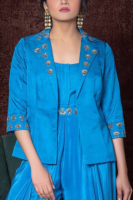 Nidhika Shekhar_Blue Crepe, Modal Jacket Lapel Pleated Jumpsuit With _Online_at_Aza_Fashions