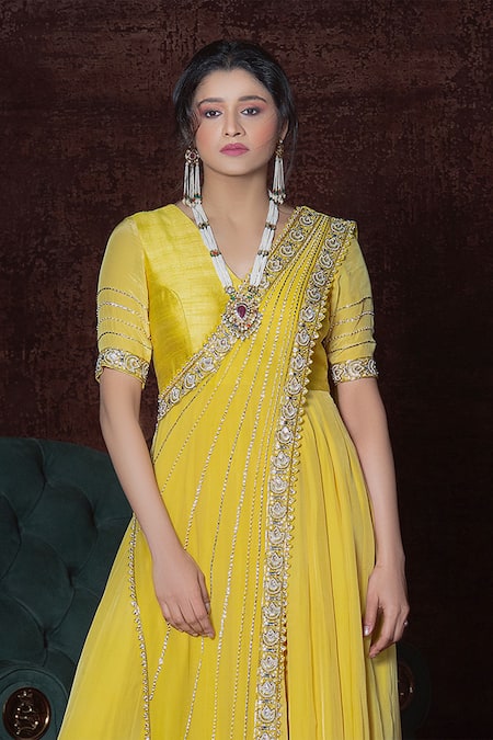 NIDHIKA SHEKHAR Yellow Silk, Crepe, Georgette V Neck Embroidered Anarkali Online at Aza Fashions NIDHIKA SHEKHAR_Yellow Silk, Crepe, Georgette V Neck Embroidered Anarkali _Online_at_Aza_Fashions