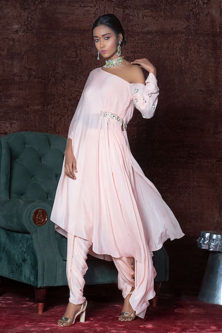 Nidhika Shekhar Pink Crepe Asymmetric Embroidered Anarkali And Dhoti Pant Set 