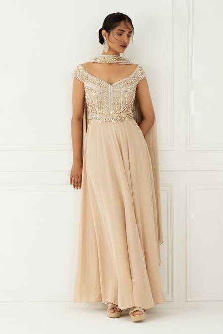 NIDHIKA SHEKHAR Beige Silk, Crepe One Shoulder Embroidered Off Anarkali With Dupatta Online at Aza Fashions NIDHIKA SHEKHAR_Beige Silk, Crepe One Shoulder Embroidered Off Anarkali With Dupatta _Online_at_Aza_Fashions