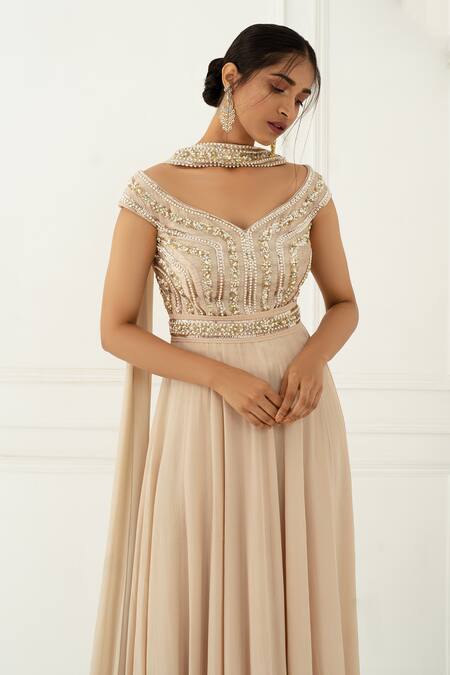 Buy NIDHIKA SHEKHAR Beige Silk, Crepe One Shoulder Embroidered Off Anarkali With Dupatta Online at Aza Fashions Buy_NIDHIKA SHEKHAR_Beige Silk, Crepe One Shoulder Embroidered Off Anarkali With Dupatta _Online_at_Aza_Fashions