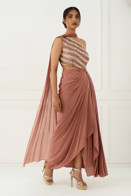 Nidhika Shekhar_Pink Silk, Crepe One Shoulder Draped Gown _Online_at_Aza_Fashions