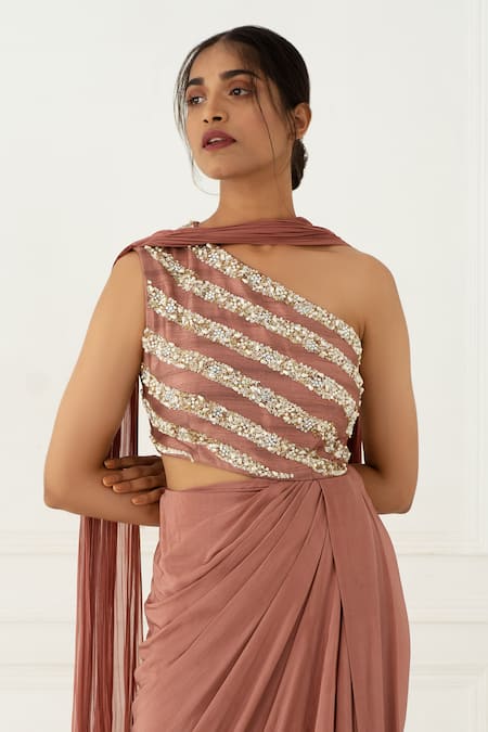 Buy_Nidhika Shekhar_Pink Silk, Crepe One Shoulder Draped Gown _Online_at_Aza_Fashions