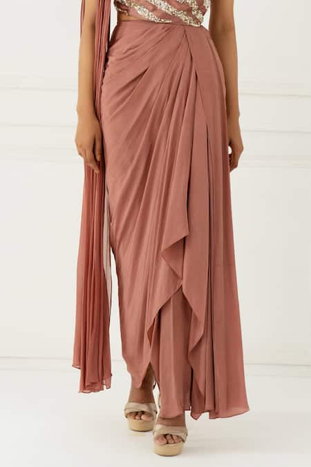 Shop_Nidhika Shekhar_Pink Silk, Crepe One Shoulder Draped Gown _Online_at_Aza_Fashions