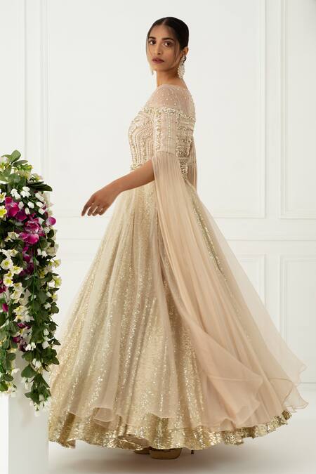 Nidhika Shekhar_Beige Silk, Organza, Net, Georgette, Sequence Boat Embroidered Gown _Online_at_Aza_Fashions