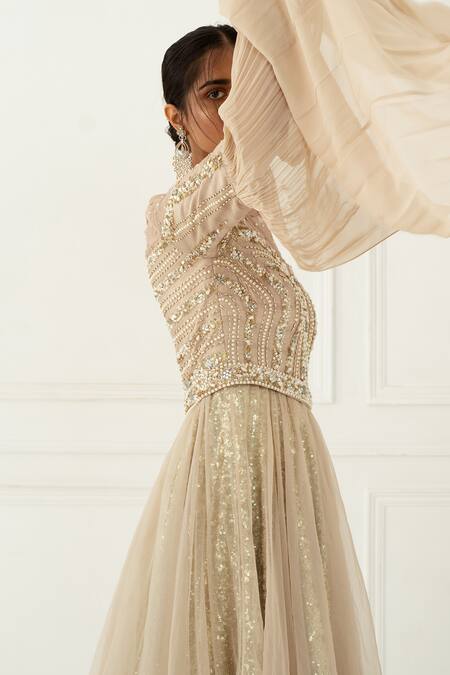 Buy_Nidhika Shekhar_Beige Silk, Organza, Net, Georgette, Sequence Boat Embroidered Gown _Online_at_Aza_Fashions