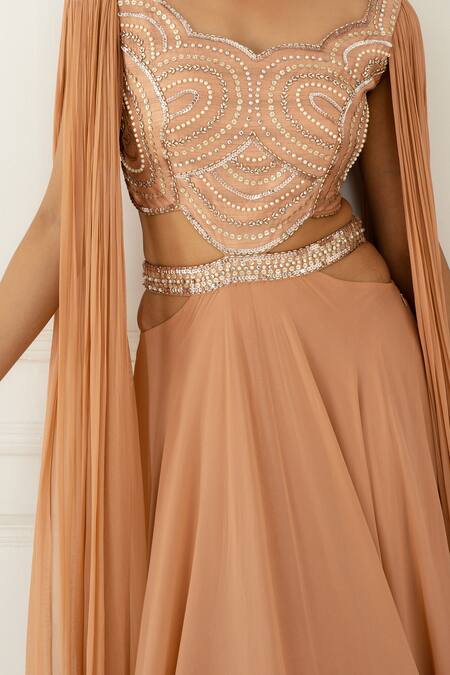 Buy_Nidhika Shekhar_Pink Silk, Georgette Scoop Neck Embroidered Gown _Online_at_Aza_Fashions