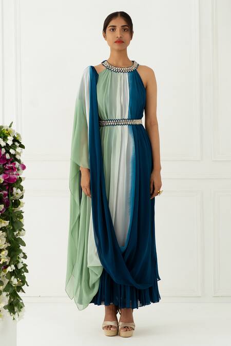 Nidhika Shekhar_Blue Georgette Crew Neck Ombre Draped Dress _Online_at_Aza_Fashions