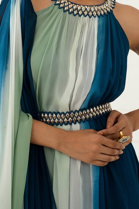 Buy_Nidhika Shekhar_Blue Georgette Crew Neck Ombre Draped Dress _Online_at_Aza_Fashions