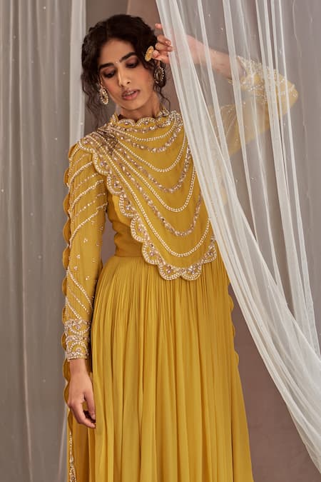 NIDHIKA SHEKHAR_Yellow Silk, Crepe, Satin Cutdana Work, Sitaare Anarkali With Attached Dupatta _Online_at_Aza_Fashions