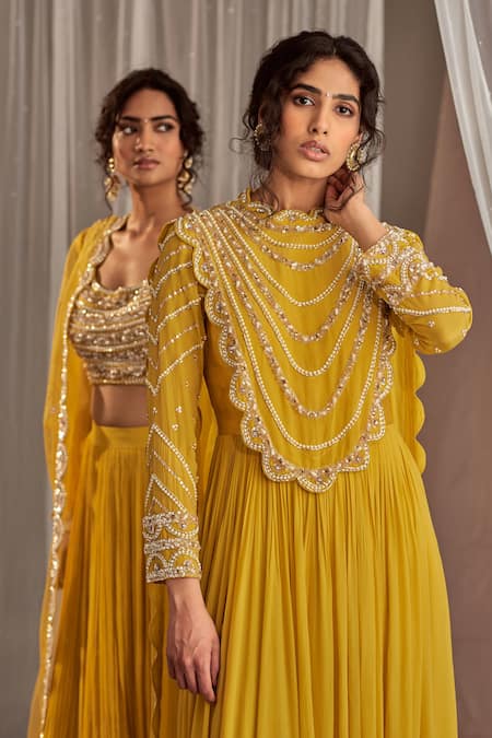 Buy_NIDHIKA SHEKHAR_Yellow Silk, Crepe, Satin Cutdana Work, Sitaare Anarkali With Attached Dupatta _Online_at_Aza_Fashions