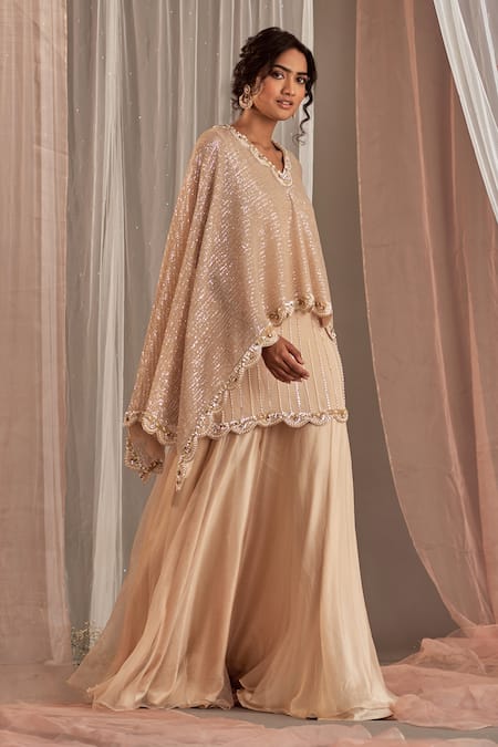 NIDHIKA SHEKHAR_Beige Organza, Crepe, Satin Cutdana Work, Embroidered Cape Kurta And Sharara Set _Online_at_Aza_Fashions