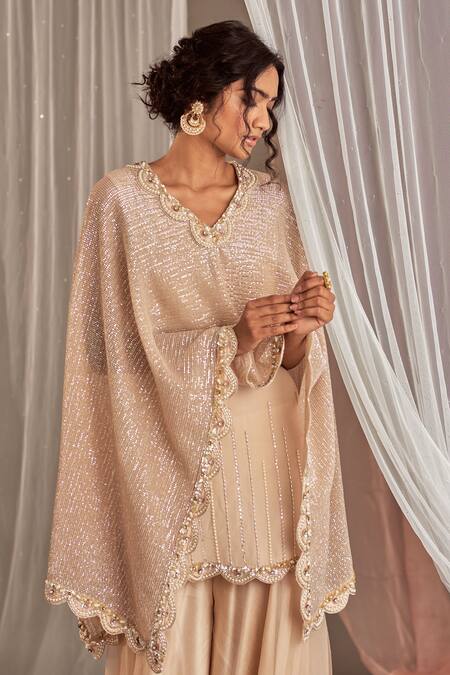Buy_NIDHIKA SHEKHAR_Beige Organza, Crepe, Satin Cutdana Work, Embroidered Cape Kurta And Sharara Set _Online_at_Aza_Fashions