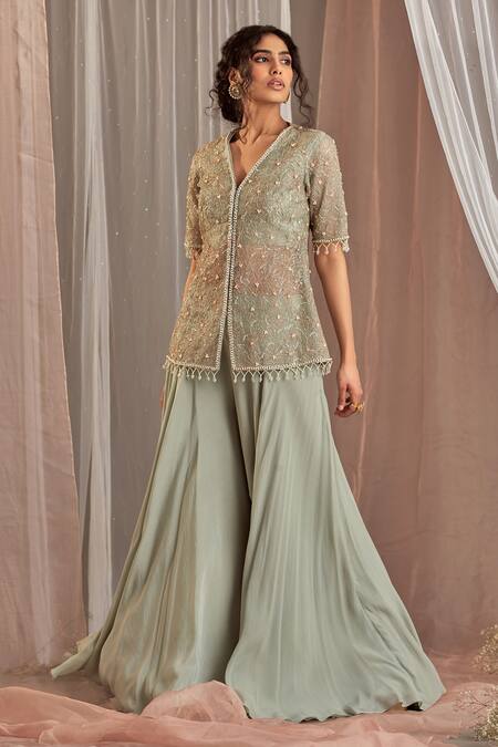 NIDHIKA SHEKHAR_Green Organza, Crepe Cutdana Work, Pearl Work, Salma Sitaare Sharara Set _Online_at_Aza_Fashions