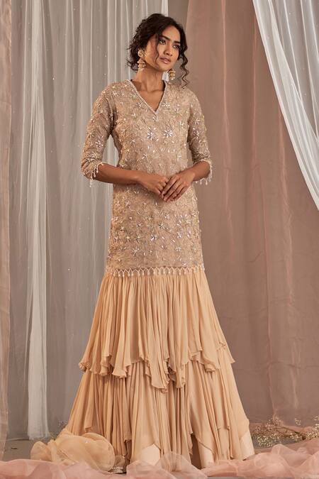 Nidhika Shekhar_Beige Organza, Georgette Cutdana Work, Ruffle Lehenga Embroidered Kurta Set _Online_at_Aza_Fashions