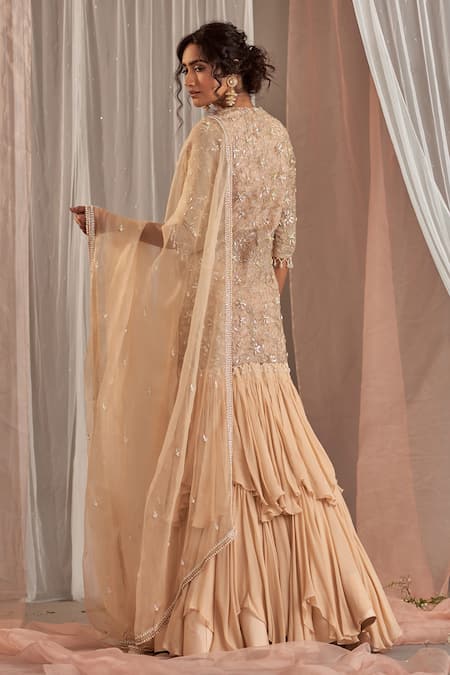 Buy_Nidhika Shekhar_Beige Organza, Georgette Cutdana Work, Ruffle Lehenga Embroidered Kurta Set _Online_at_Aza_Fashions