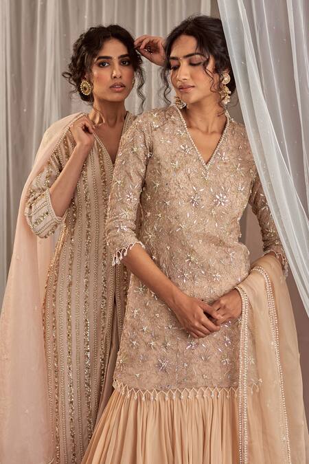 Shop_Nidhika Shekhar_Beige Organza, Georgette Cutdana Work, Ruffle Lehenga Embroidered Kurta Set _Online_at_Aza_Fashions