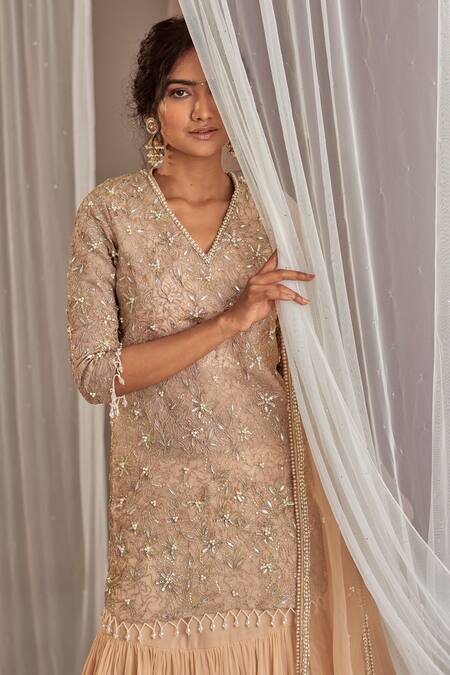 Nidhika Shekhar_Beige Organza, Georgette Cutdana Work, Ruffle Lehenga Embroidered Kurta Set _at_Aza_Fashions