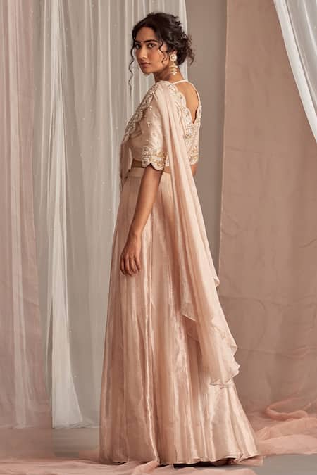 NIDHIKA SHEKHAR_Beige Silk, Organza, Satin, Crinkle Tissue Cutdana Draped Blouse And Lehenga Set _Online_at_Aza_Fashions