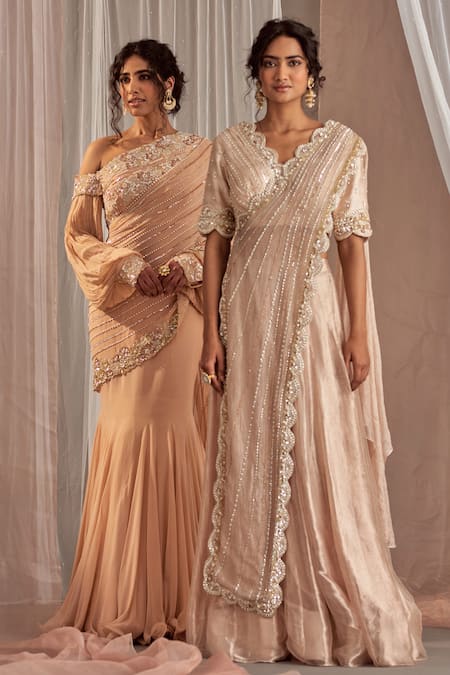Shop_NIDHIKA SHEKHAR_Beige Silk, Organza, Satin, Crinkle Tissue Cutdana Draped Blouse And Lehenga Set _Online_at_Aza_Fashions