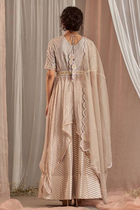 Shop_Nidhika Shekhar_Grey Organza, Chanderi, Crinkle Tissue Bead Embroidered Kurta Lehenga Set _at_Aza_Fashions