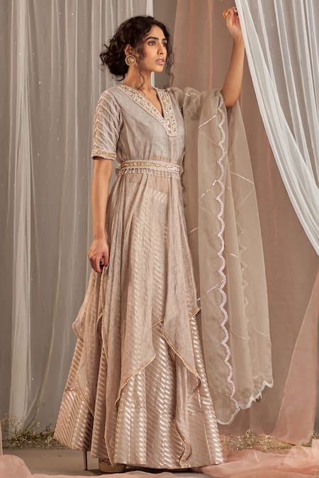 Nidhika Shekhar_Grey Organza, Chanderi, Crinkle Tissue Bead Embroidered Kurta Lehenga Set _Online_at_Aza_Fashions