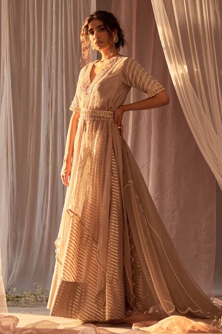 Buy_Nidhika Shekhar_Grey Organza, Chanderi, Crinkle Tissue Bead Embroidered Kurta Lehenga Set _Online_at_Aza_Fashions