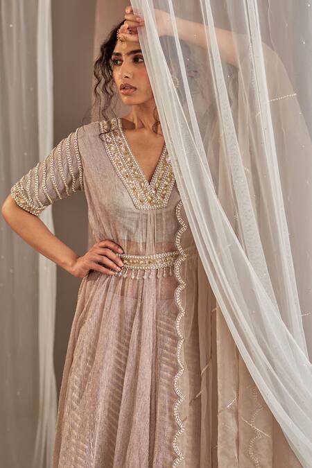 Shop_Nidhika Shekhar_Grey Organza, Chanderi, Crinkle Tissue Bead Embroidered Kurta Lehenga Set _Online_at_Aza_Fashions