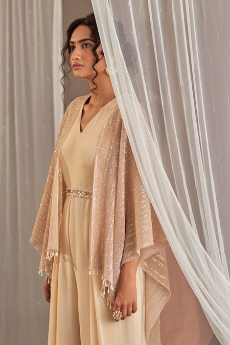 Buy_NIDHIKA SHEKHAR_Beige Crepe Cutdana Work, Pearl Work, Sequins, Sitaare Jumpsuit Cape Set _Online_at_Aza_Fashions