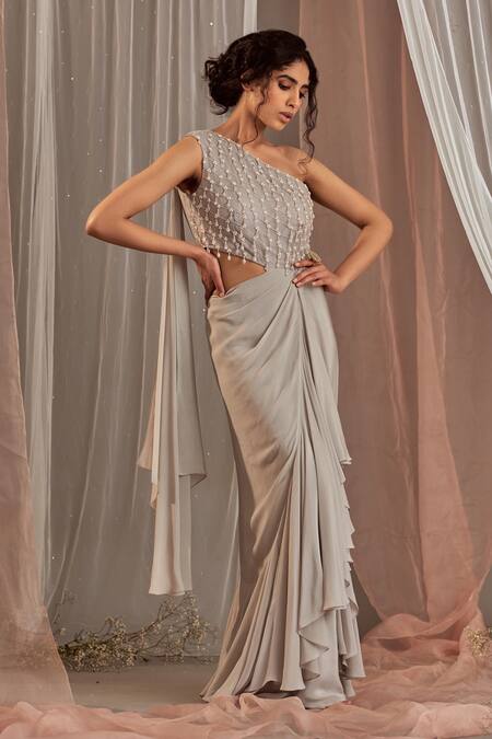 NIDHIKA SHEKHAR_Grey Crepe Embroidered Sequins One Shoulder Chamakte Sitaare Gown _Online_at_Aza_Fashions
