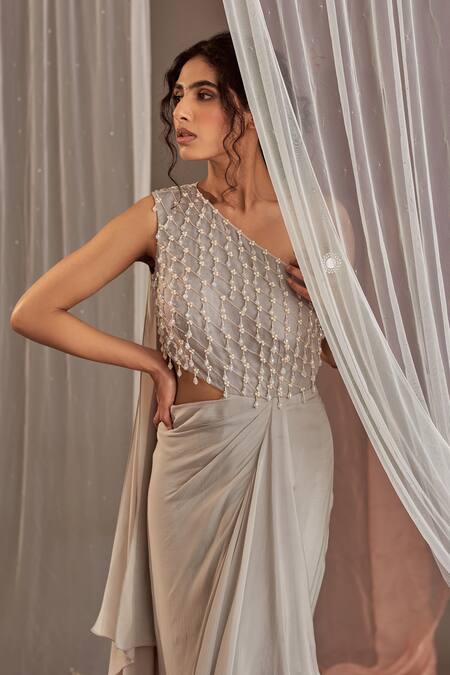 Buy_NIDHIKA SHEKHAR_Grey Crepe Embroidered Sequins One Shoulder Chamakte Sitaare Gown _Online_at_Aza_Fashions