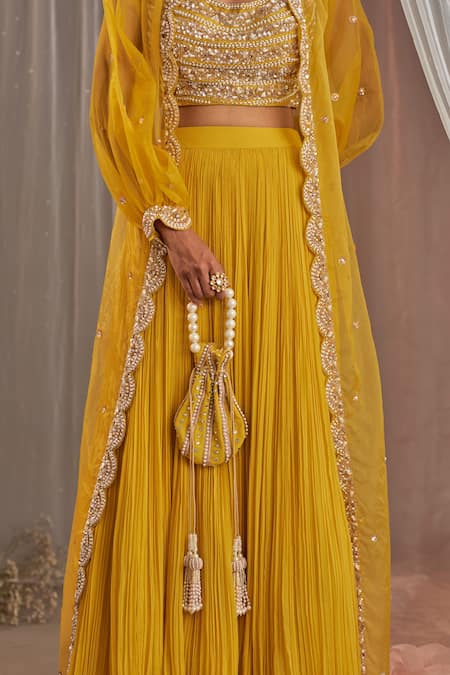 Nidhika Shekhar_Yellow Silk, Organza, Georgette Cutdana Bead Embroidered Jacket Lehenga Set _Online_at_Aza_Fashions