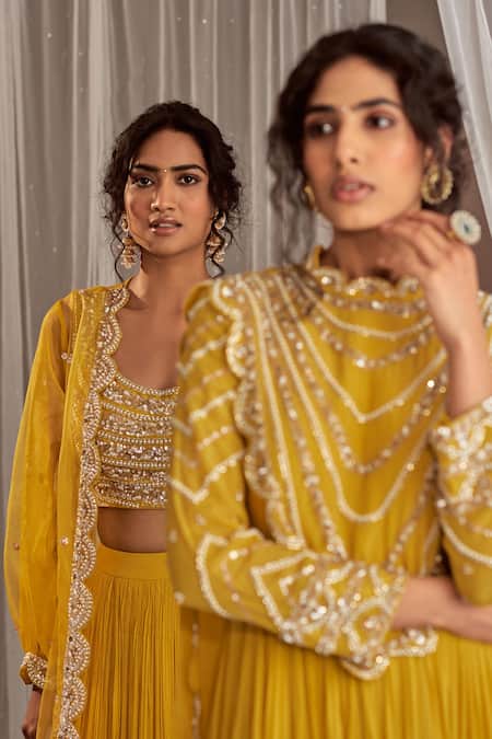 Shop_Nidhika Shekhar_Yellow Silk, Organza, Georgette Cutdana Bead Embroidered Jacket Lehenga Set _Online_at_Aza_Fashions