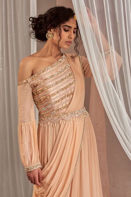 Buy_NIDHIKA SHEKHAR_Pink Silk, Georgette Cutdana Work, Pearl Work, Draped Anarkali With Belt _Online_at_Aza_Fashions