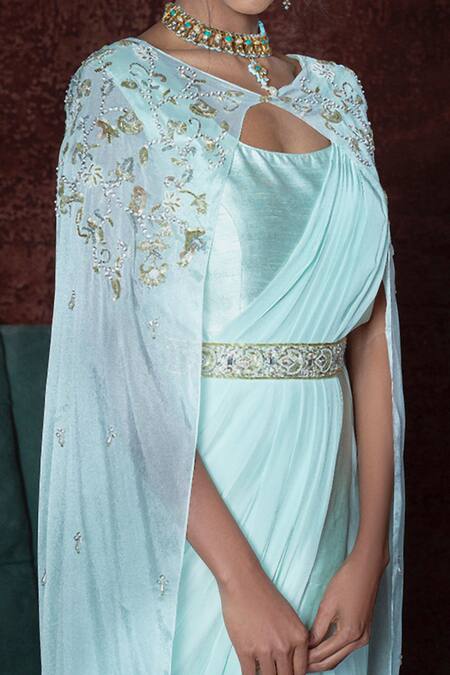 Nidhika Shekhar Green Silk, Crepe, Chiffon Saree Gown Scoop Cape Round With Online at Aza Fashions Nidhika Shekhar_Green Silk, Crepe, Chiffon Saree Gown Scoop Cape Round With _Online_at_Aza_Fashions