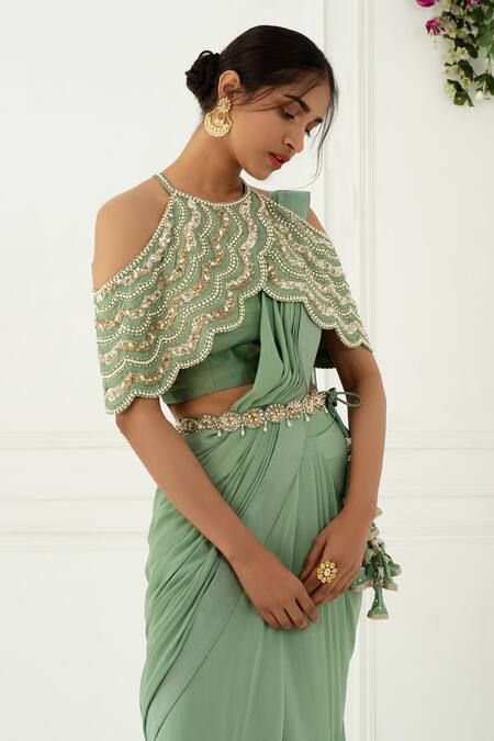 Buy Nidhika Shekhar Green Crepe, Satin Round Pre-draped Saree With Blouse Online at Aza Fashions Buy_Nidhika Shekhar_Green Crepe, Satin Round Pre-draped Saree With Blouse _Online_at_Aza_Fashions