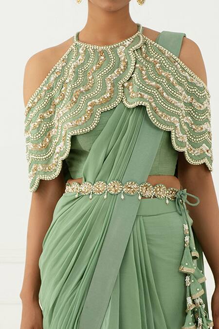 Shop Nidhika Shekhar Green Crepe, Satin Round Pre-draped Saree With Blouse Online at Aza Fashions Shop_Nidhika Shekhar_Green Crepe, Satin Round Pre-draped Saree With Blouse _Online_at_Aza_Fashions