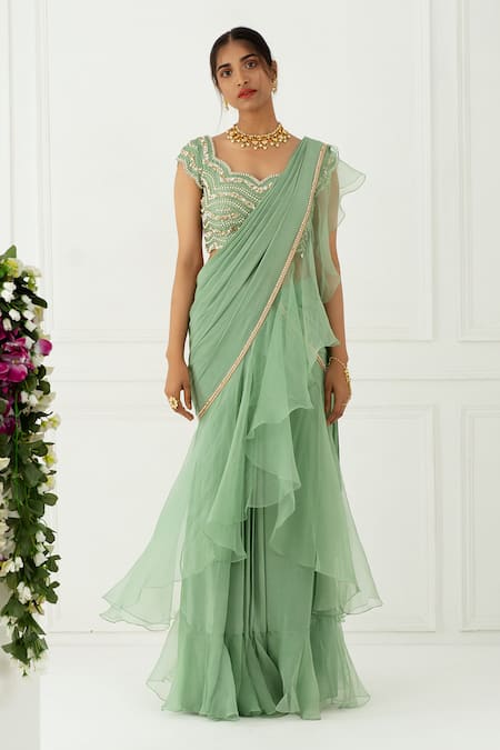 Nidhika Shekhar_Green Silk, Organza, Crepe Scoop Neck Ruffle Pre-draped Saree With Blouse _Online_at_Aza_Fashions