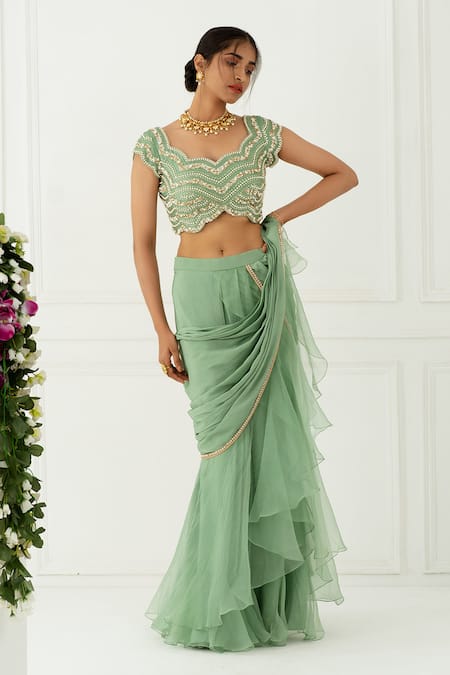 Buy_Nidhika Shekhar_Green Silk, Organza, Crepe Scoop Neck Ruffle Pre-draped Saree With Blouse _Online_at_Aza_Fashions