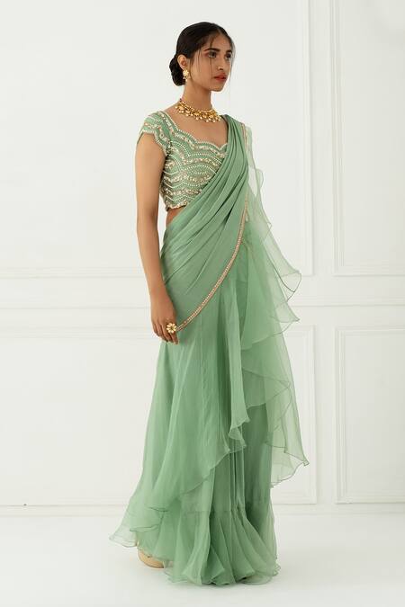 Shop_Nidhika Shekhar_Green Silk, Organza, Crepe Scoop Neck Ruffle Pre-draped Saree With Blouse _Online_at_Aza_Fashions