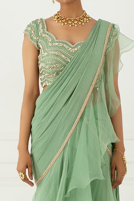 Nidhika Shekhar_Green Silk, Organza, Crepe Scoop Neck Ruffle Pre-draped Saree With Blouse _at_Aza_Fashions